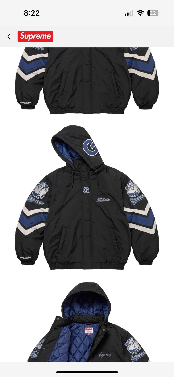 Veste de stade à capuche Supreme Mitchell & Ness NCAA noire   Medium Georgetown