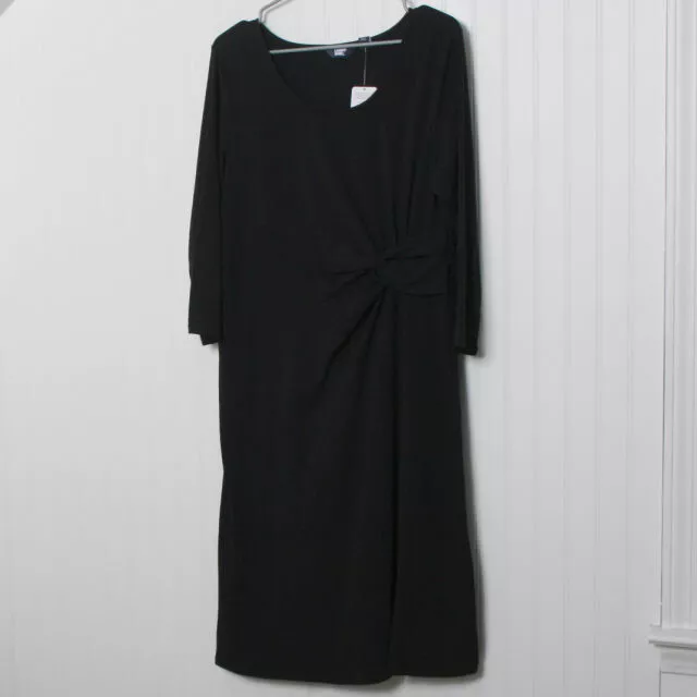 Lands End Women Black Boat Neck Side Ruched 3 4 Sleeve Jersey Dress NWT 14 16