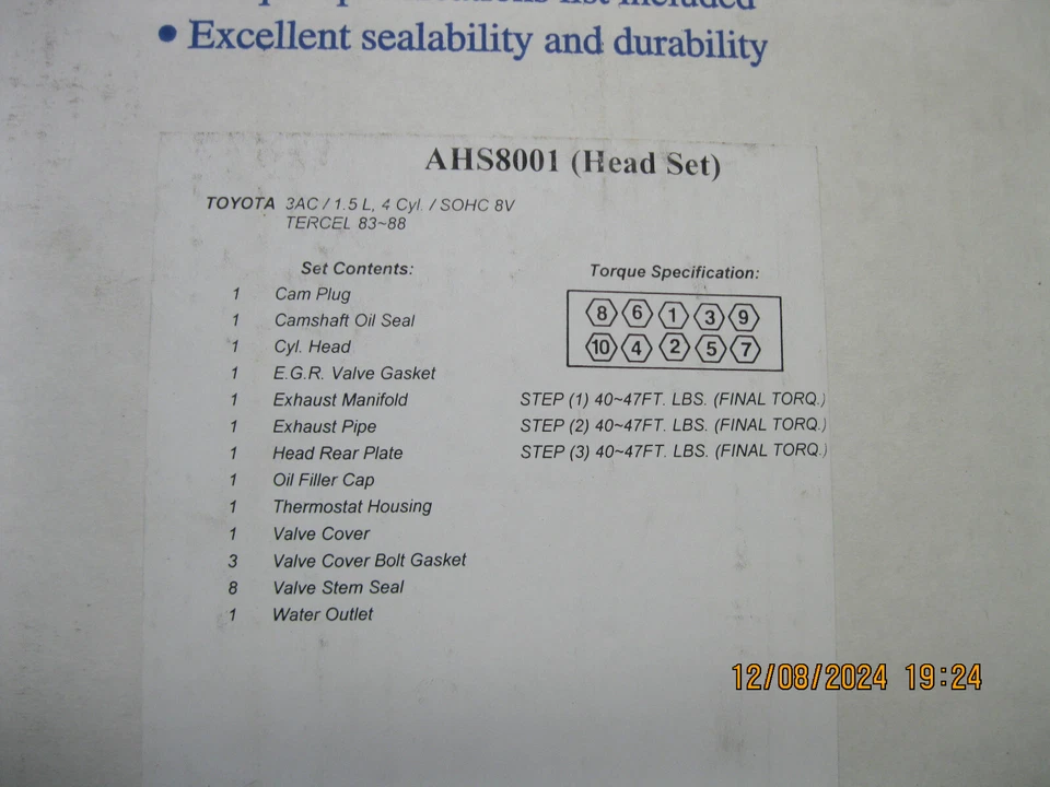 Engine Cylinder Head Gasket Set AHS8001 fits 1983 Toyota Tercel 1.5L-L4 Foto 4 de 4