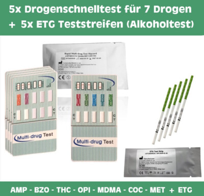 5x Drogenschnelltest - 7 Drogenarten + 5x ETG Teststreifen (Alkoholtest im Urin)