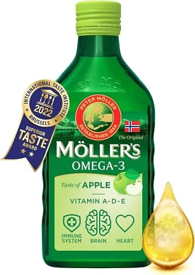 MOLLERS APPLE 250 ml Moller's Fish Cod Liver Oil OMEGA 3 Vit A+E+D3 600IU Tran .