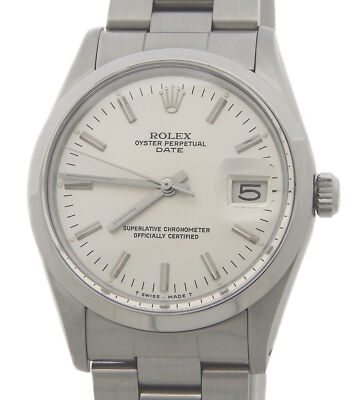 Rolex Date 15000 Mens 34mm Stainless Steel Watch with Silver Dial & Oyster Band