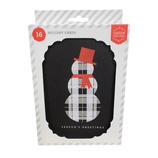 Christmas Snowman Greeting Card Set Green Inspired Black Plaid 16 Count