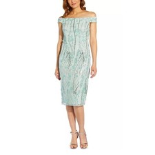 ADRIANNA PAPELL Petite Off-The-Shoulder 3D Floral Sheath Dress Sea Glass Aqua 8P