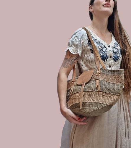 VINTAGE BUCKET BAG Woven Sisal Leather African Kiondo Boho Hippie Shopper Tote - 第 2/11 張圖片