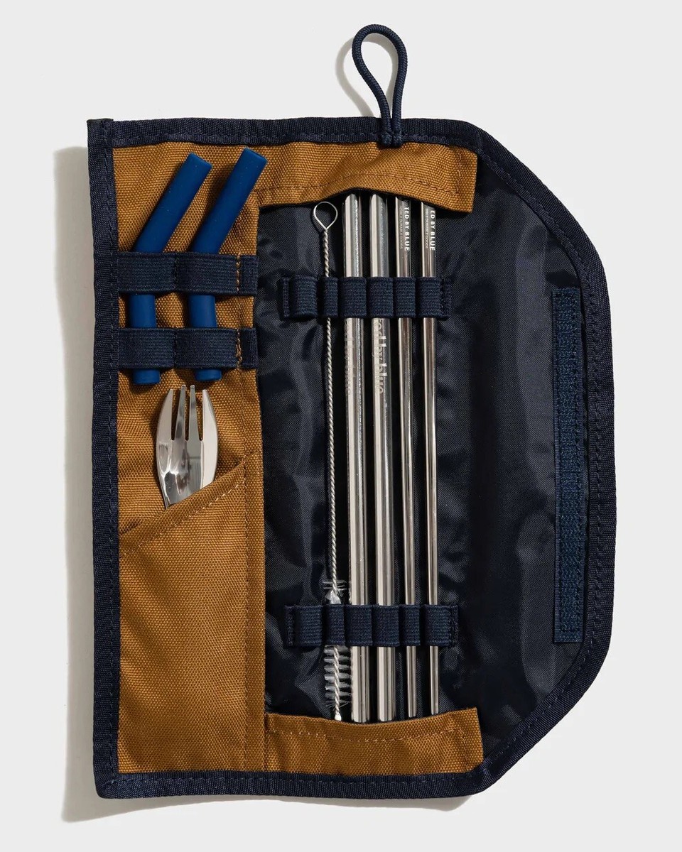 Kit Ustensiles United By Blue – 9 Pièces, Pochettes Voyage, Acier Inox, Orange Et Bleu