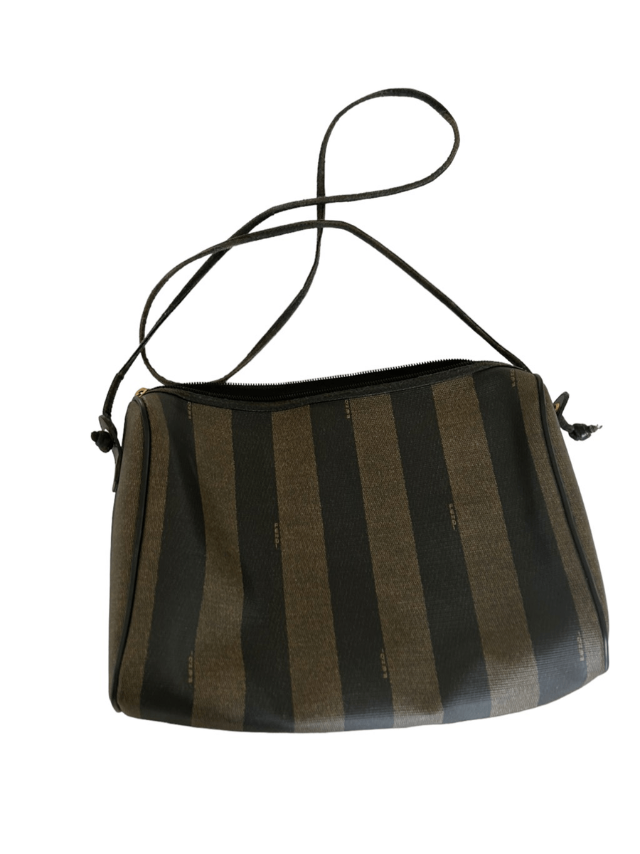 【美品】FENDI ヴィンテージ ポーチ/Pequin Stripe 茶黒 FENDI Vintage Pequin Striped Black Canvas Leather Trim Pouch