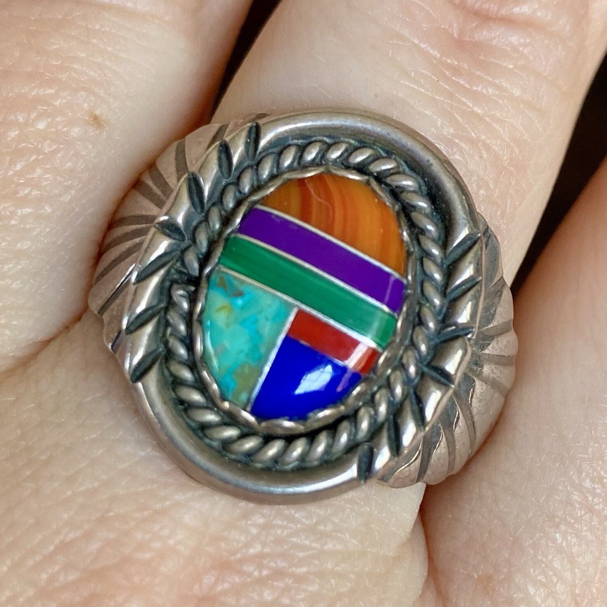 Striking Vintage Native American Navajo Sterling Silver Inlaid 