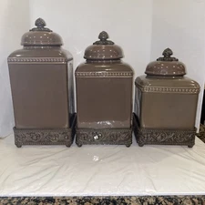 SET Of 3 Gracious Goods GG Collection Large Canister Acanthus Leaf & Metal Base