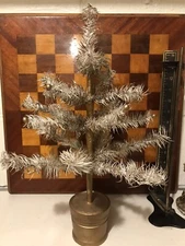 Vintage German White Natural Feather Tree With Gold Accents Gold Wood Base 16 In