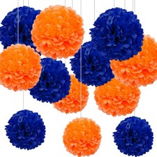 Blue  Orange Tissue Paper Pom Poms Hanging Party Wall Decorations 12 PCS