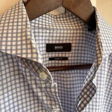 BOSS Hugo Boss Men's Sharp Fit Check Blue/White Dress Shirt Cotton 16 34/35