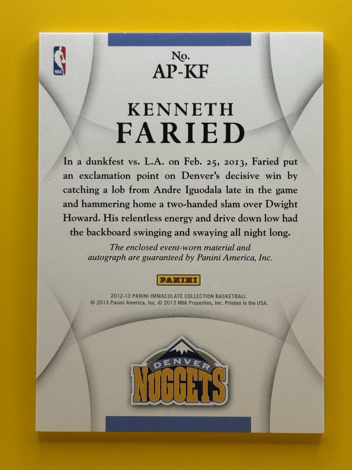 2012-13 Panini Immaculate Kenneth Faried AUTO 2 COLOR PATCH RC #D 99/100!! view 2