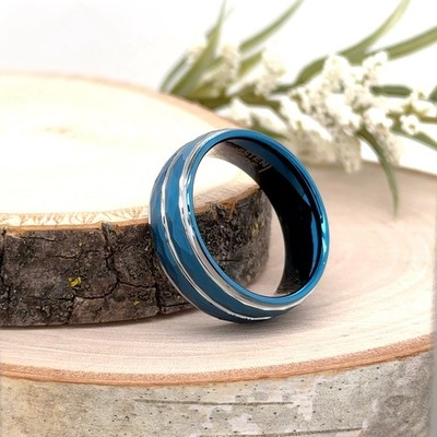8mm Unisex Tungsten Carbide Modern Ring Blue Faceted Design & Silver Accent Band