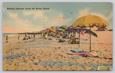 Vintage Linen Postcard Sunny Sands Beach Scene Bathing Supreme 1930s