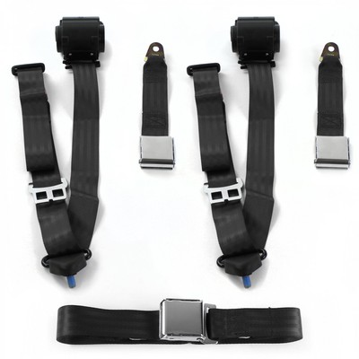 Ford 1955 - 1956 Airplane 3pt Black Retractable Bench Seat Belt Kit - 3 Belts 