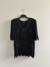 VTG Mark & John by Sam Blouse Silk Sequin Beaded Black Women 1X Elegant 80s