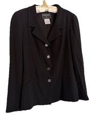 CHANEL Women's Black Blazer Button Logo Silk Lined Pockets Size 44 Regular
