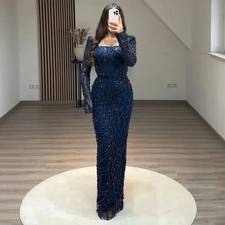 Sparkling Navy Blue Evening Dresses Full Sleeves Lace Sequins Beaded Party Gowns