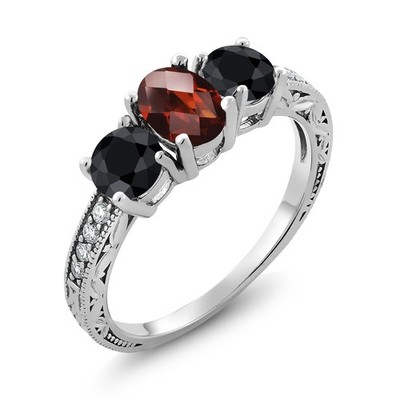 2.50 Ct Oval Checkerboard Red Garnet Black Sapphire 925 Sterling Silver Ring