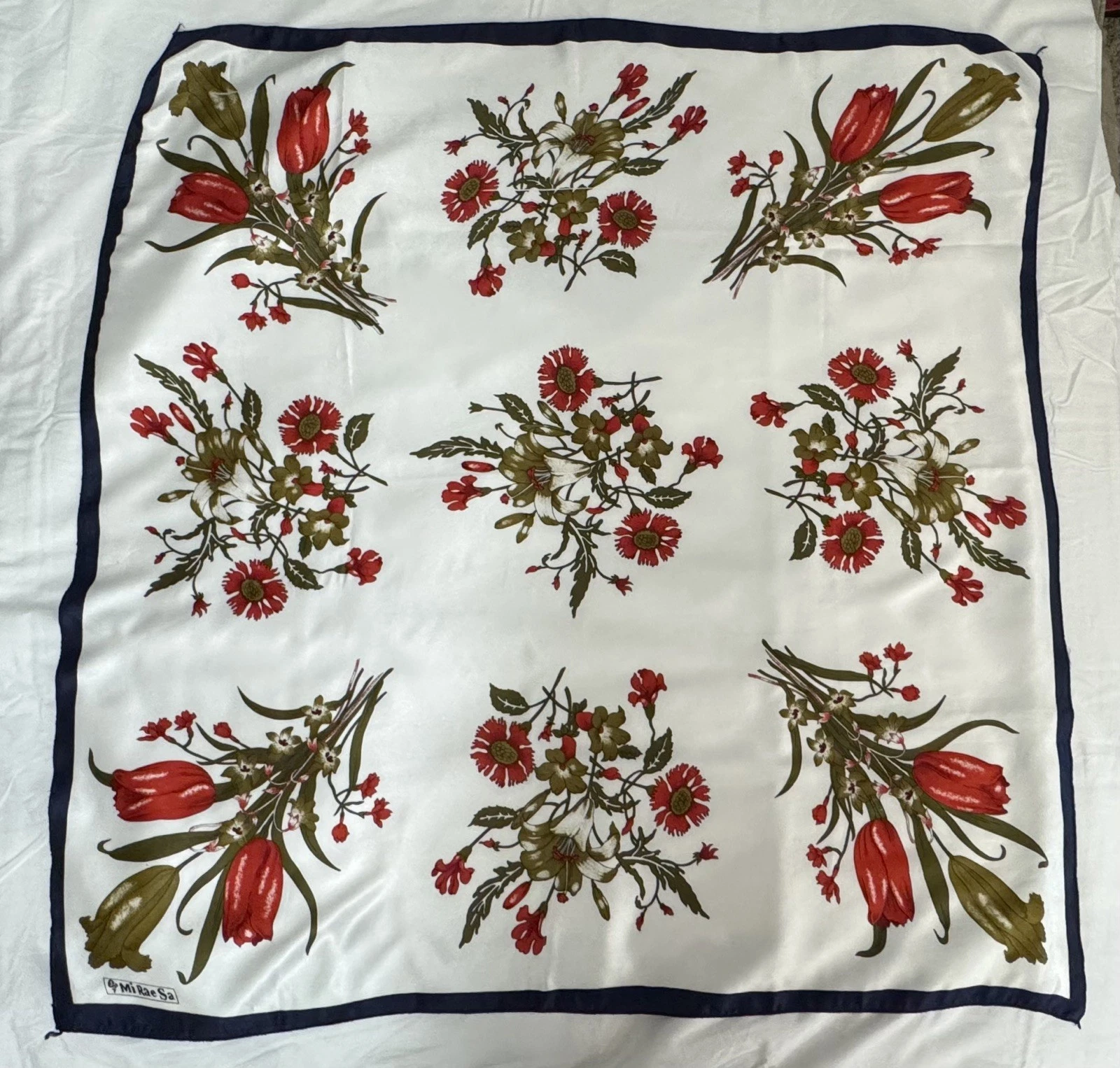 NEOT Mi Rae Sa 100% Silk Scarf Botanical Floral Red White Black - Rolled Border