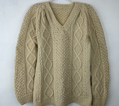 Irish Cable Knit Wool Sweater Womens Medium Chunky Fisherman Ivory Capsule Read