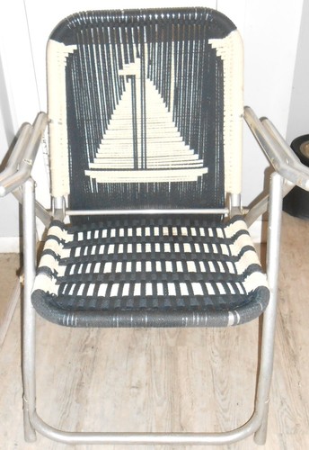 Vintage Macrame Woven Seat Aluminum Folding Lawn Chair Nautical Sailboat Unique