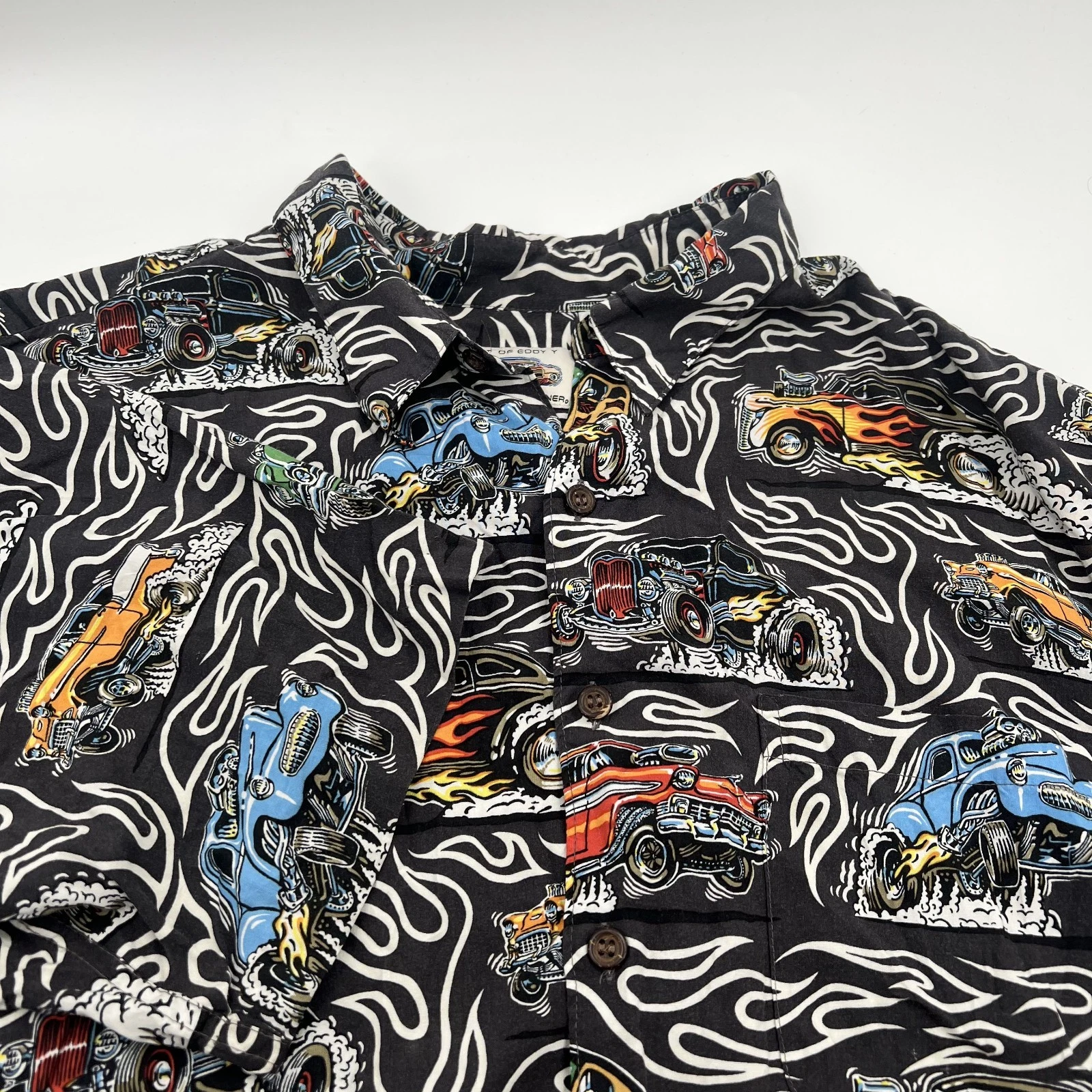 Vintage Reyn Spooner Eddy Y Hot Rod Shirt Mens XL Monster Drag Race Flames *FLAW