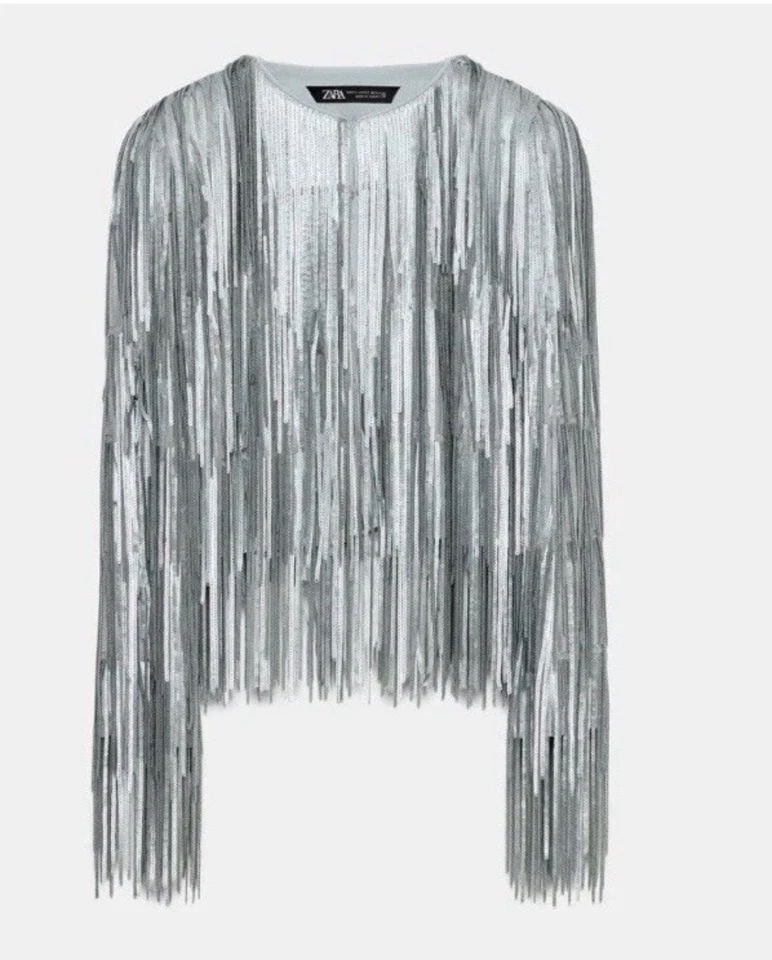 ZARA 2026 ZW Collection Silver Grey Sequin Fringe Jacket Size M 3210/040 Trendy - Image 4 of 4
