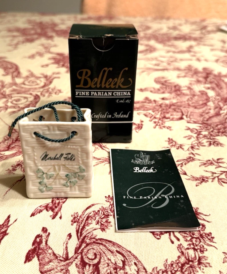 Marshall Field's Belleek Shamrock Basket Weave Shopping Bag Christmas Ornament - Image 2 of 4