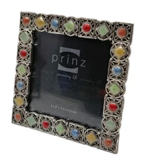 VTG Jewel Rhinestone Beaded Ornate Metal Picture Frame Fits 3" Photo Mini Small