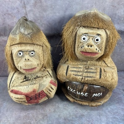 Vintage Coconut Monkey Carved  Wired Glasses 9.5  Tiki Bar Beach Decor 9/2