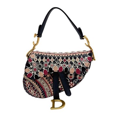 DIOR Mini Saddle Embroidered Black Leather Two Way Bag