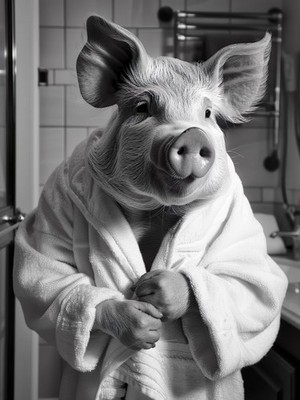 Schwein trägt Handtuch Morgenmantel lustig Badezimmer Humor Bauernhaus Wandbild Poster A1-A4 Post