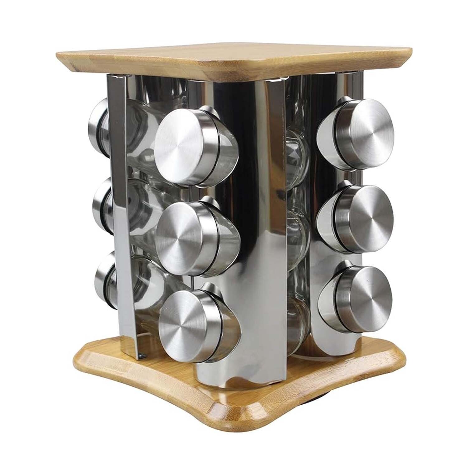 12 Glass Spice Jars & Rack Set Airtight 6-Hole Lid Containers Revolving Bamboo
