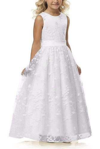 White A line Wedding Pageant Lace Flower Girl Dress with Belt 2-12 Year Old - Picture 3 of 14