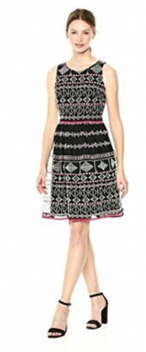 Women's Taylor Boho Embroidered Lined Dress Fit & Flare 14 Black/Pink/White NWT - Picture 5 of 11