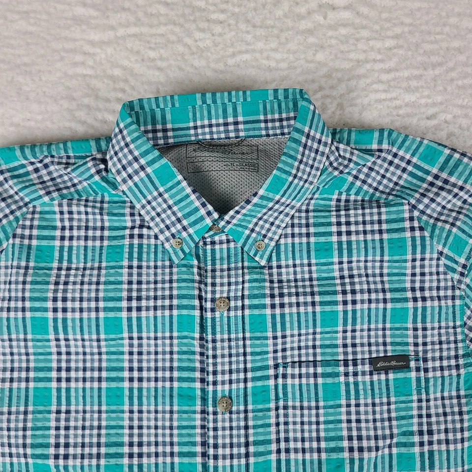Camisa Eddie Bauer Seersucker Para Hombres TL Grande Alta Azul Teal A Cuadros Clásica Abotonada Foto 3 de 4