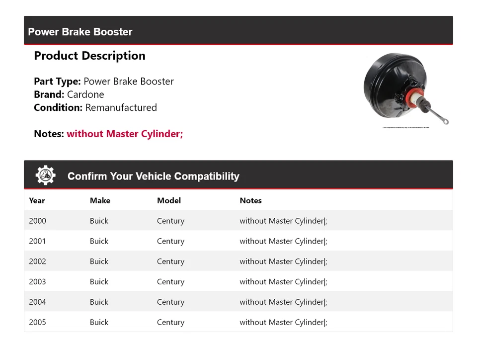 Para Buick Century 2000-2005 Power Brake Booster Cardone 2001 2002 2003 2004 Foto 2 de 3