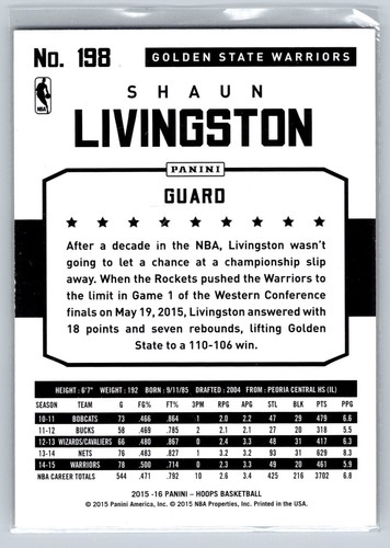 2015-16 Hoops #198 Shaun Livingston Silver #/299 - Picture 2 of 2