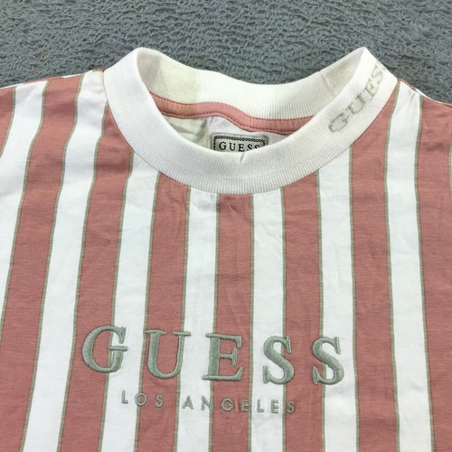 GUESS Shirt Men Small Pink White Striped Crew Neck Long Sleeve Spell Out - Picture 3 of 10