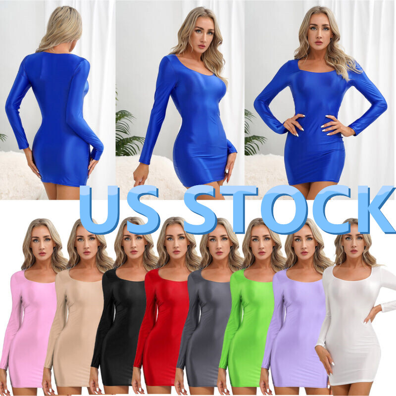 Women's Glossy Shiny Dress Long Sleeve Mini Dress Bodycon Club Party Dresses  | eBay