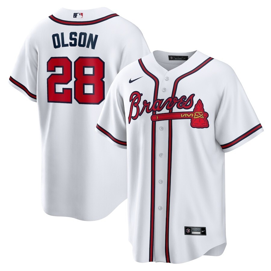 Men's Atlanta Braves 28# Matt Olson White Home Replica Player Jersey