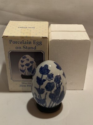 Vintage Porcelain Egg With Stand Blue Floral Design Original Box