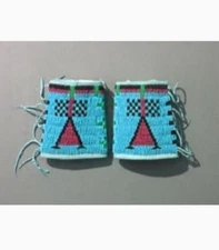 Old American Style Handmade Sioux Horse Beaded Cuffs Leather Fringes FHC22