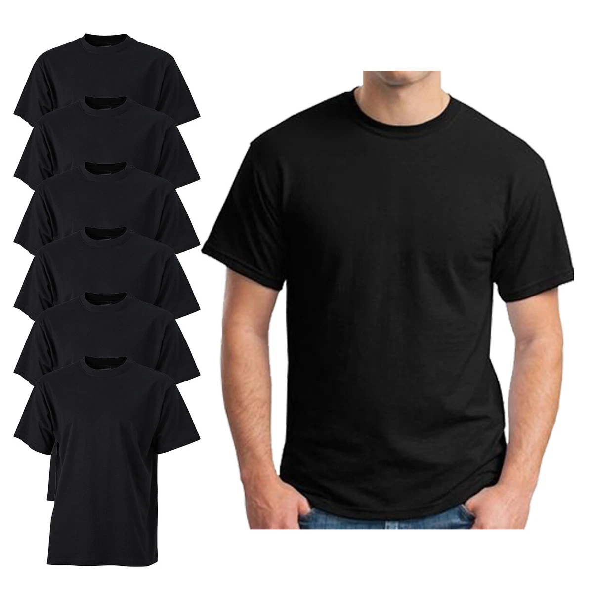 6 PACK MENS BLACK CREW NECK SHORT SLEEVE T SHIRT 100 COTTON BLANK TEE S XXL