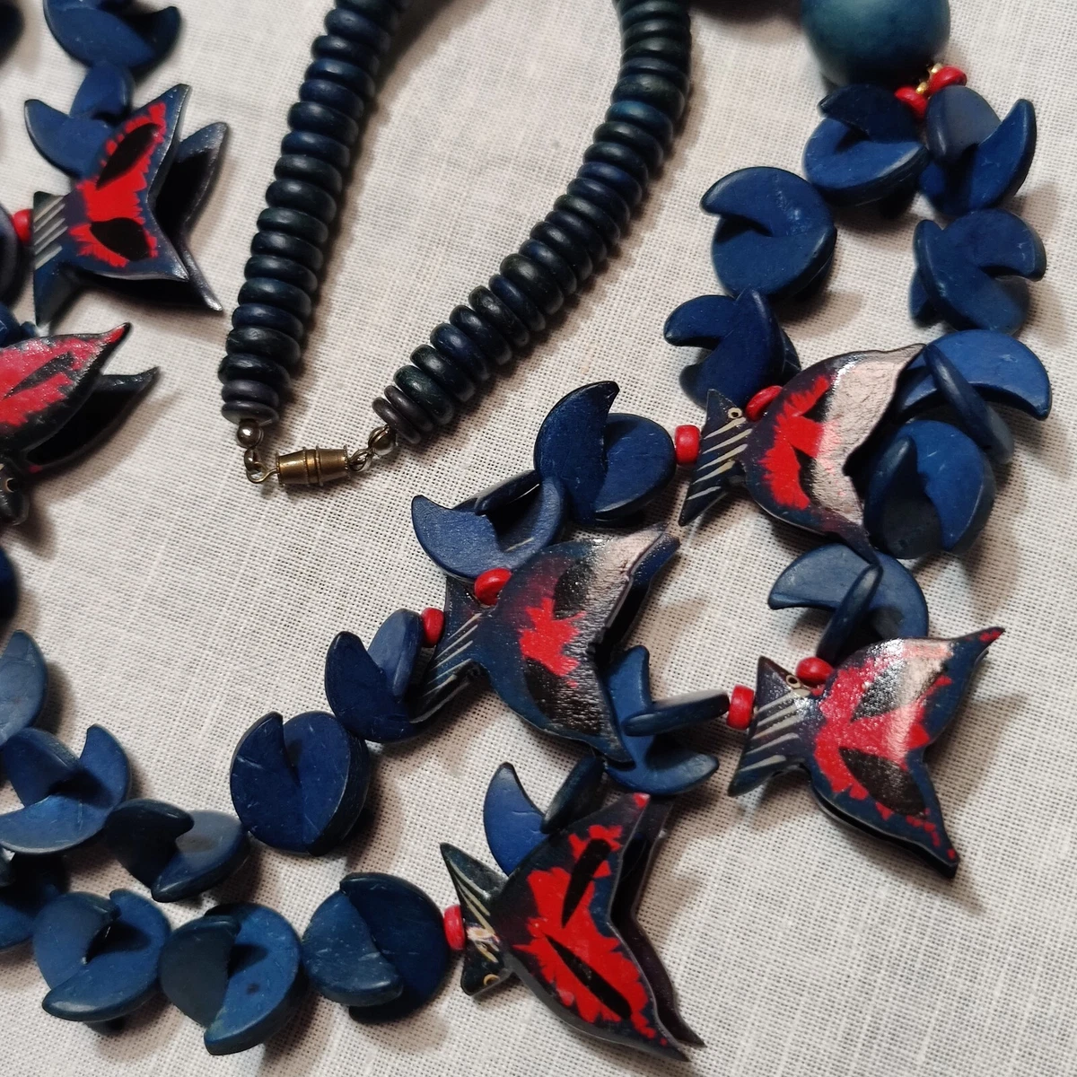 Vintage Retro Hand Painted Wooden Butterflies Bead Statement Necklace Navy Red