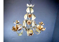 70er Florentiner Kronleuchter Lamp  Deckenlampe Metallblüten Chandlier 67 cm