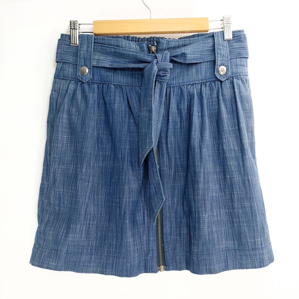 Lost & Found Mini Skirt Womens Size  Blue Front Zip Waist Tie Denim Look Cotton
