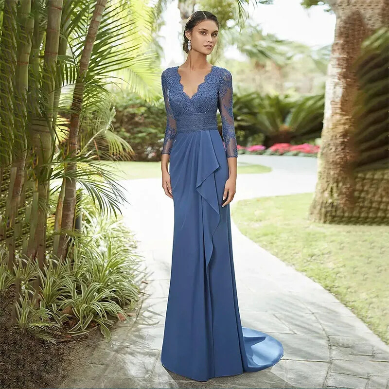 Lace Sheath Mother Of The Bride Dresses Long Sleeves V Neck Beaded Sweep  Train | eBay
